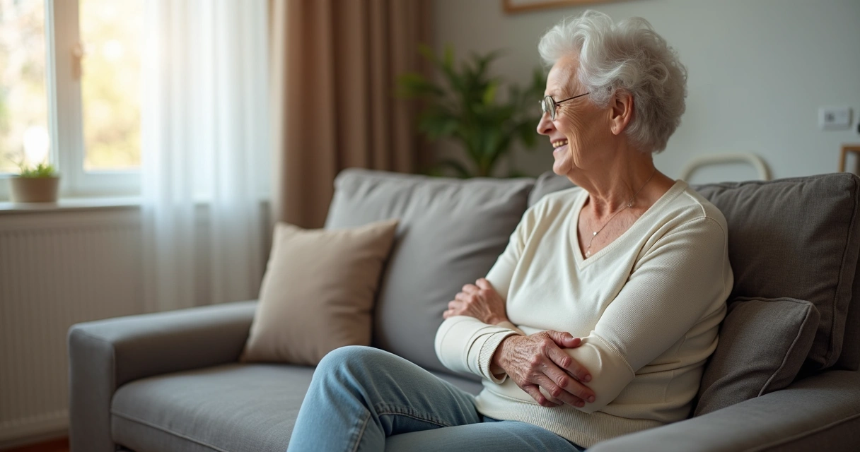 Idosa com braço imobilizado e tipóia após queda 