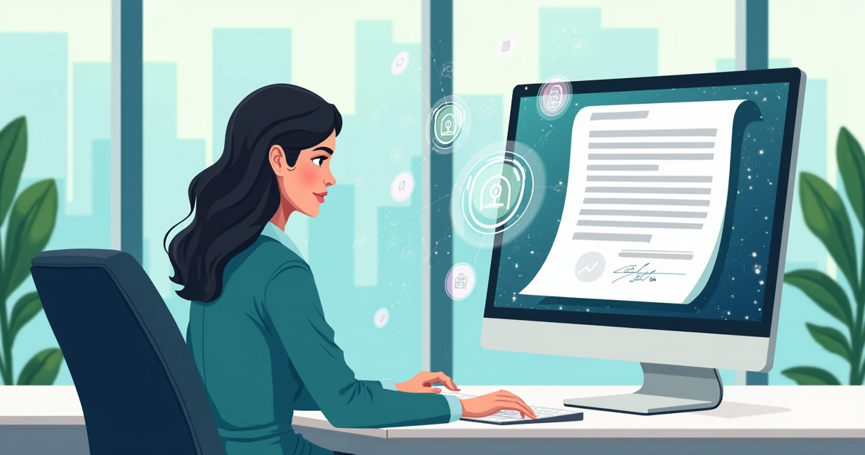 Businesswoman reviewing digital signature with ai verification on computer