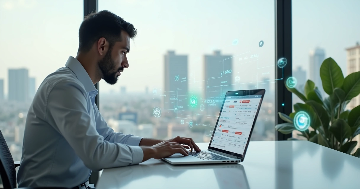 Empresário analisando alerta de fraude em transações digitais no notebook 