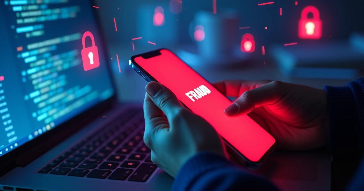 Pessoa segurando smartphone com alerta de fraude na tela, teclado com mãos digitando e luz azul 