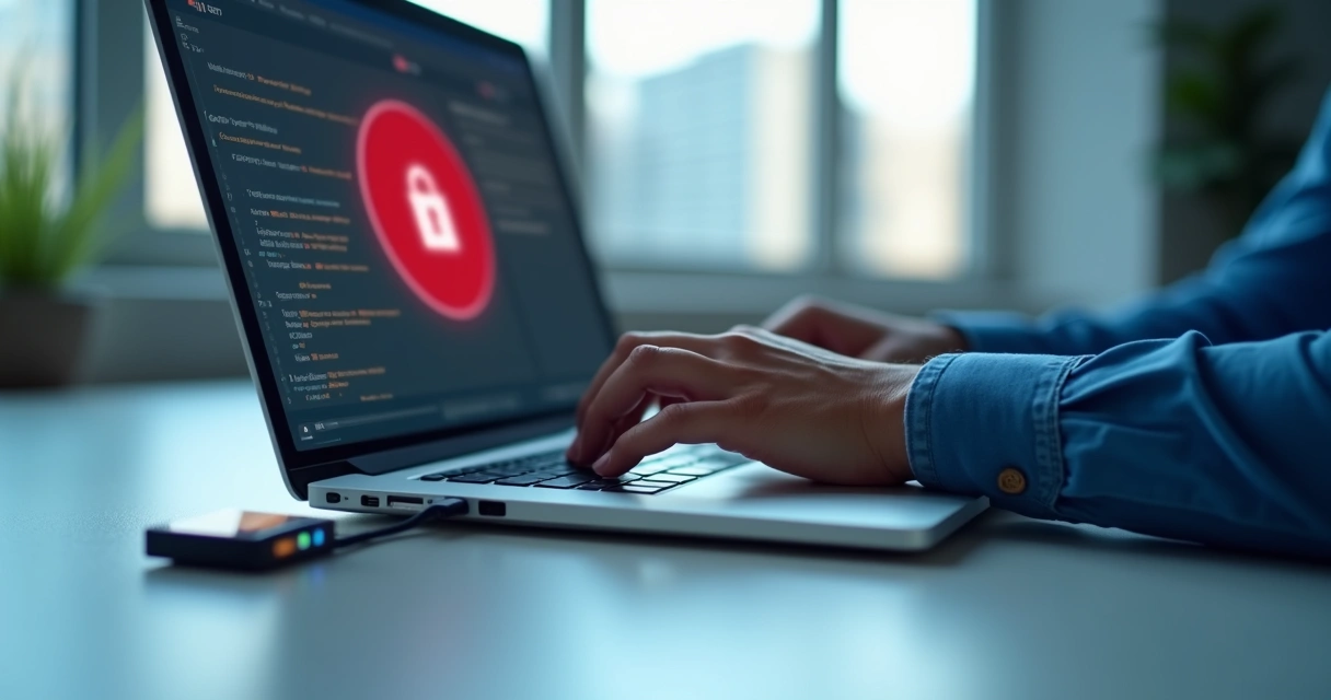 Pessoa usando certificado digital no computador, tela com alerta de segurança 