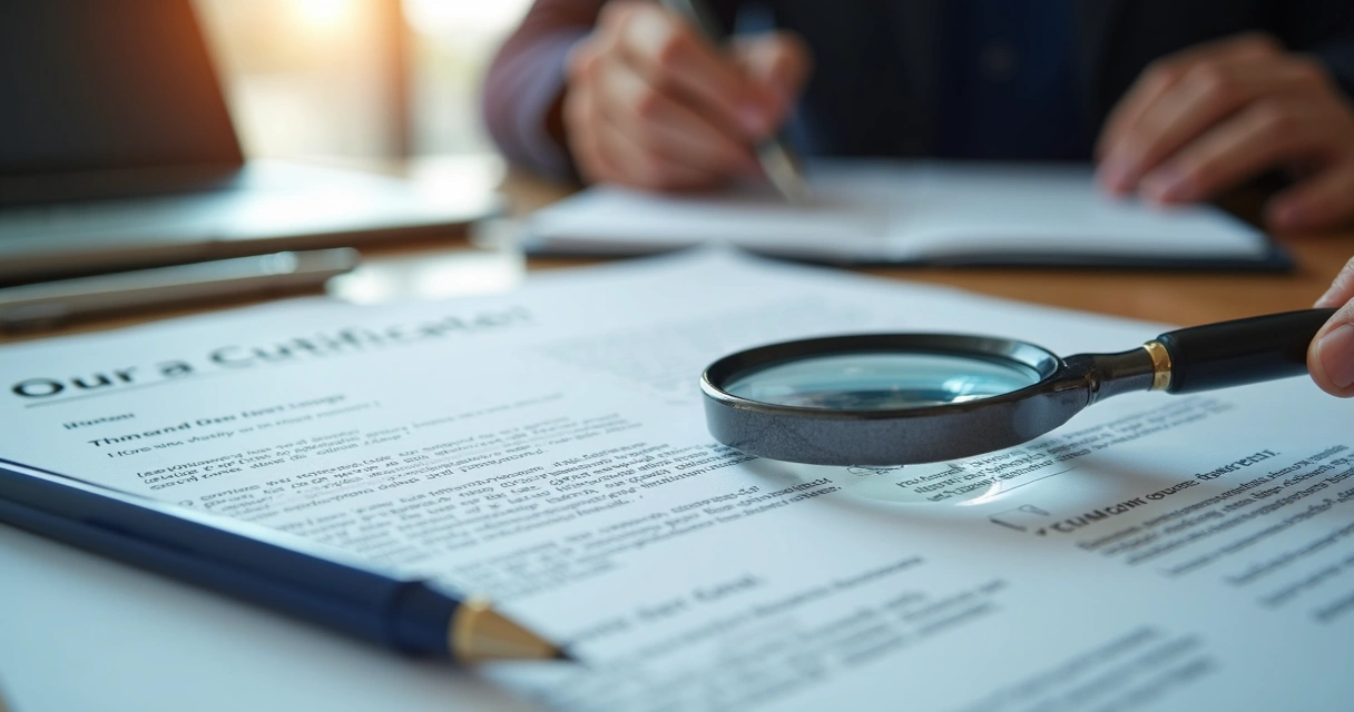 Documento duvidoso de curso online e lupa examinando detalhes 