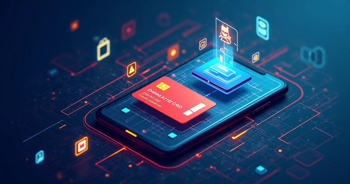 Ilustração de um cartão de crédito virtual sendo alvo de ataque digital 