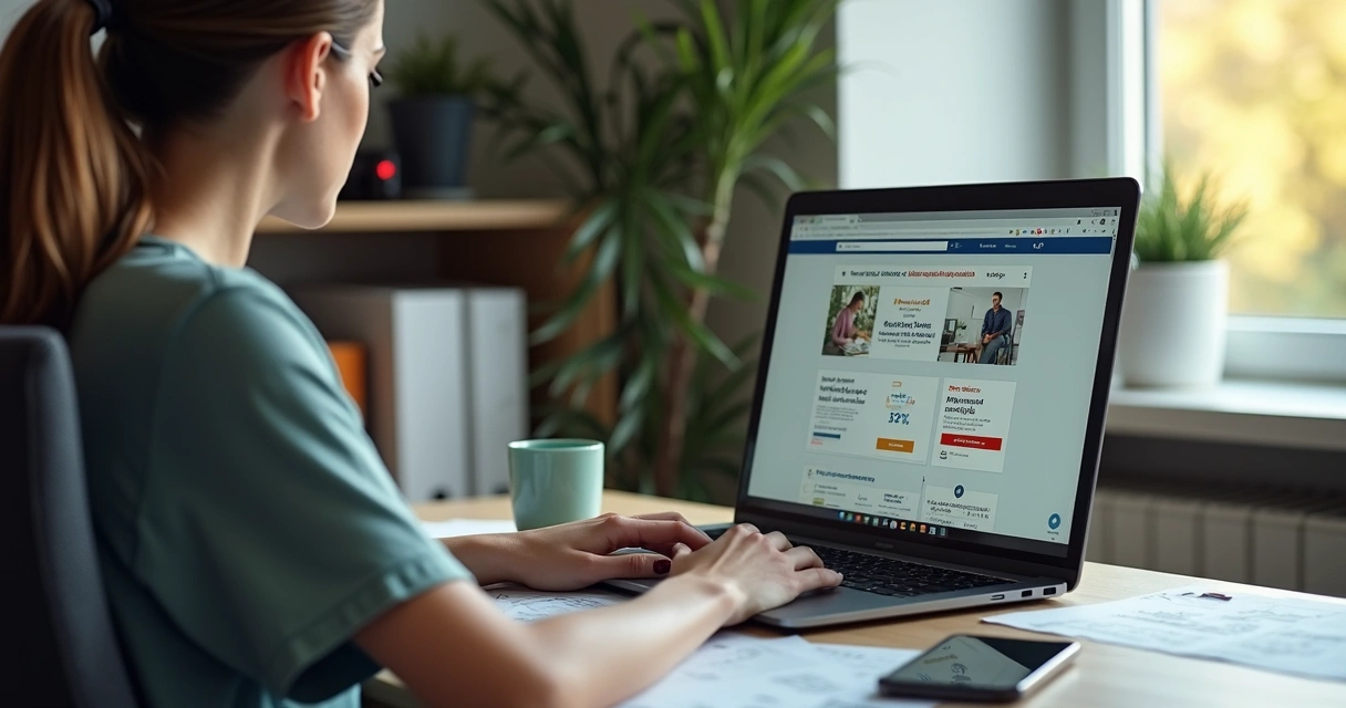 Mulher olha desconfiada para o notebook com site de empréstimo na tela 