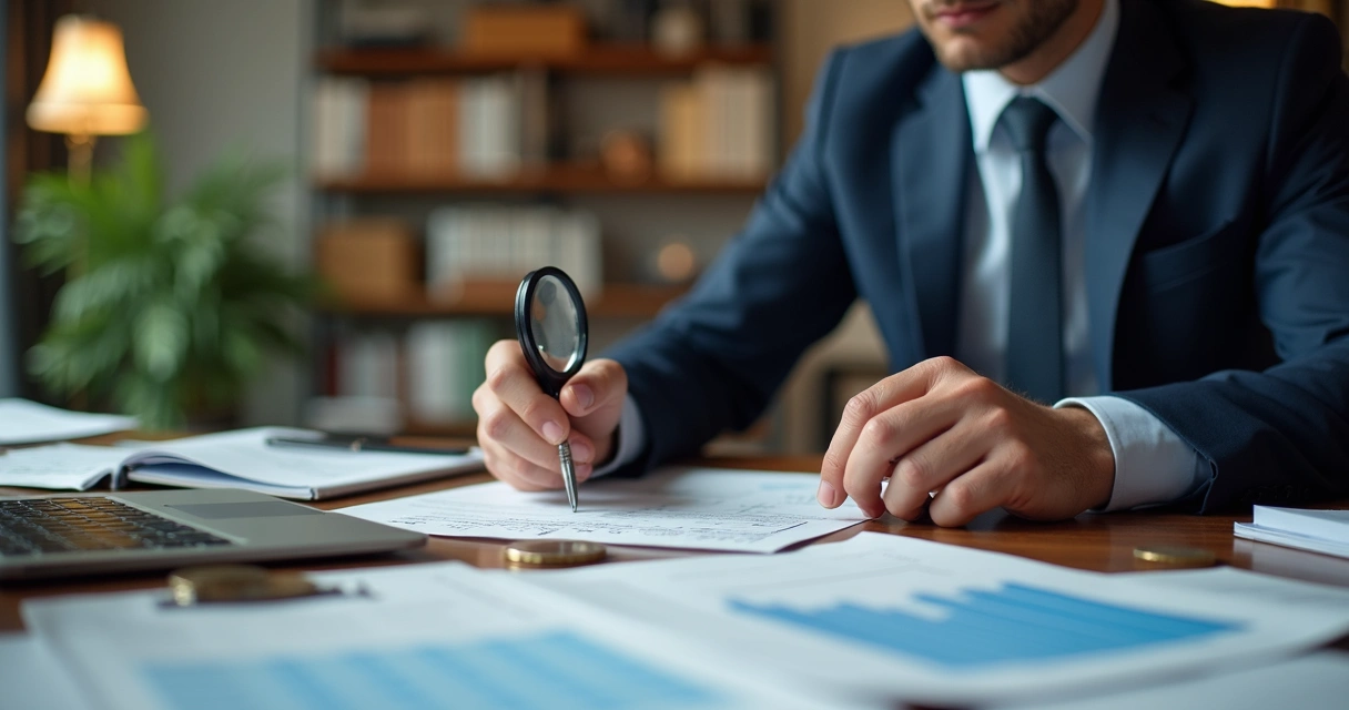 Homem analisando documentos fiscais com evidência de fraude e dinheiro ao lado 