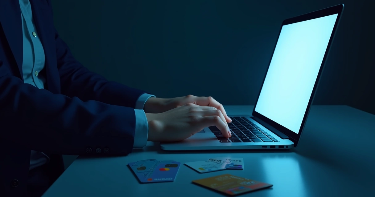 Fraudador usando um laptop em ambiente escuro com cartões de crédito sobre a mesa 