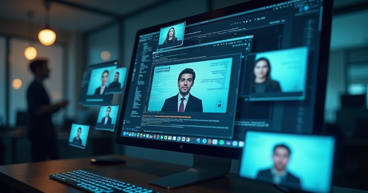 Tela de computador com múltiplos perfis falsos e documentos digitais sobrepostos. 