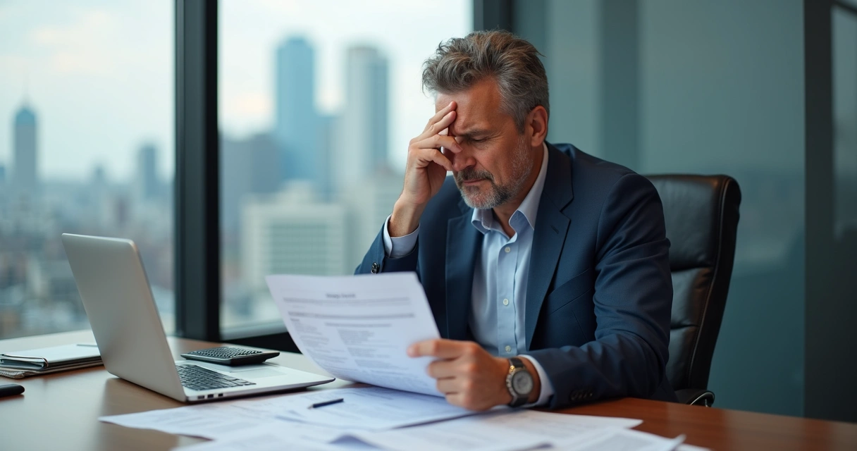 Homem preocupado analisando documentos financeiros sobre fraude imobiliária numa mesa de escritório 