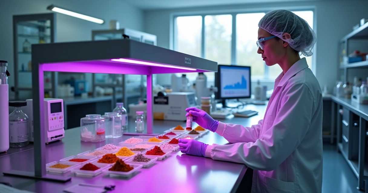 Técnico em laboratório analisando ingredientes alimentícios sob luz roxa de autenticação 