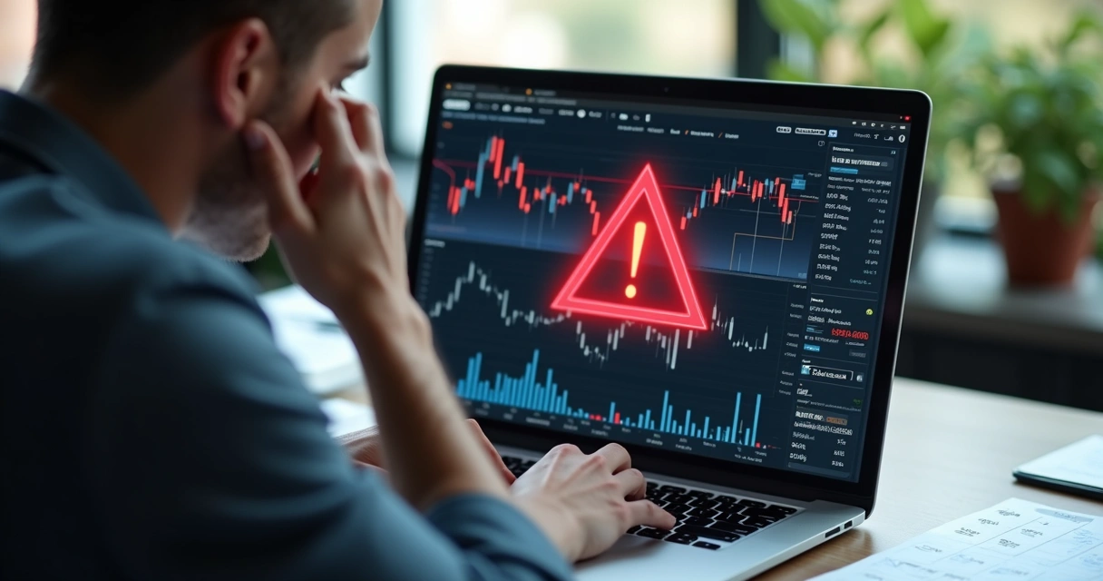 Pessoa analisando gráficos financeiros em laptop com expressão preocupada e símbolo de alerta vermelho na tela 