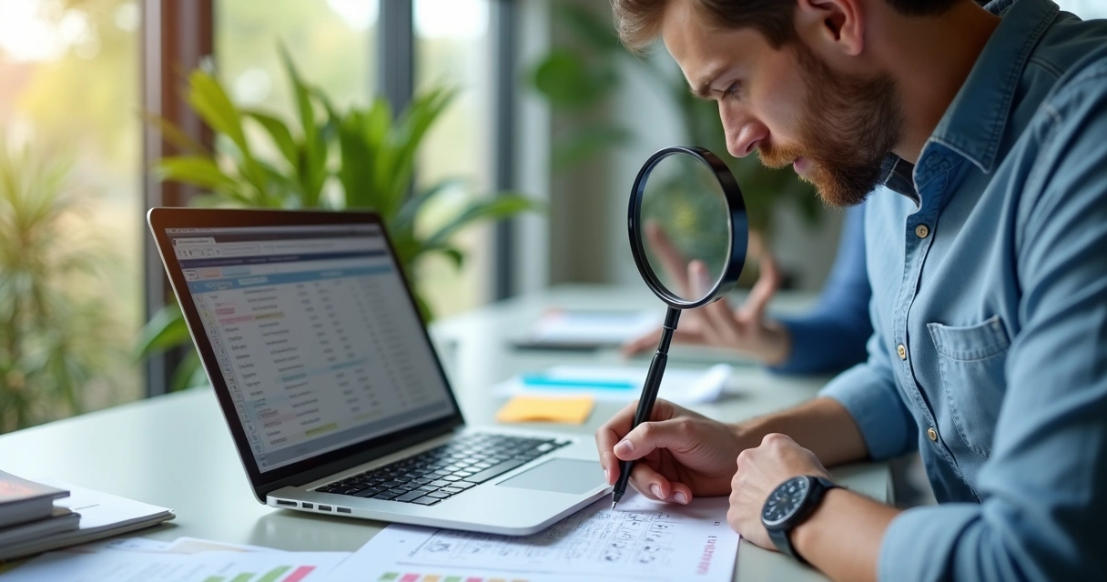 Profissional atento analisando lista de leads impressa e computador com dados de empresas