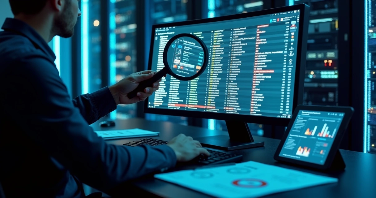Analista B2B examinando lista digital de leads enquanto identifica contatos suspeitos 