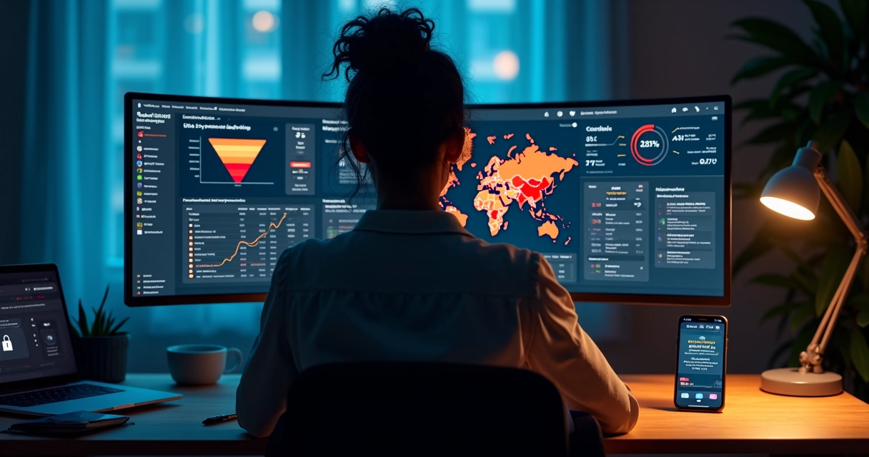 Mulher analisa painel digital detectando fraudes em marketing de afiliados 