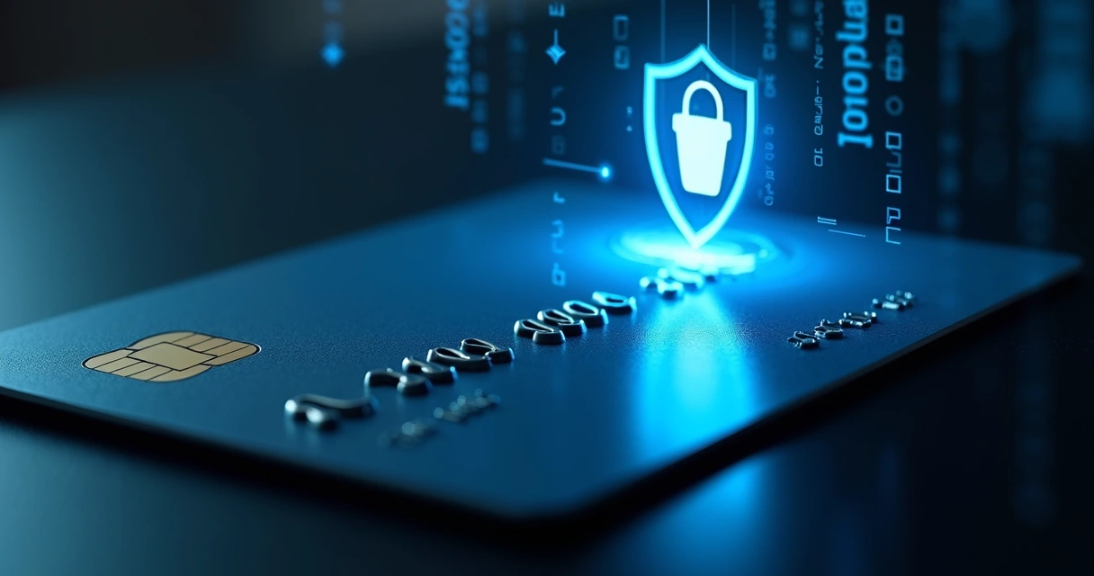 Cartão de crédito com ícone de escudo digital azul