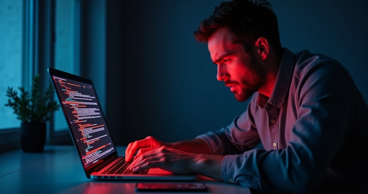 Homem digitando em notebook com alerta de fraude na tela 