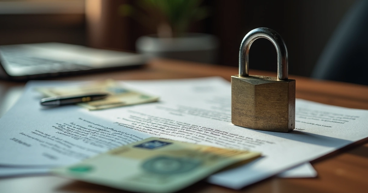 Documentos e contratos imobiliários espalhados sobre mesa com cadeado e notas de dinheiro sugerindo fraude financeira 