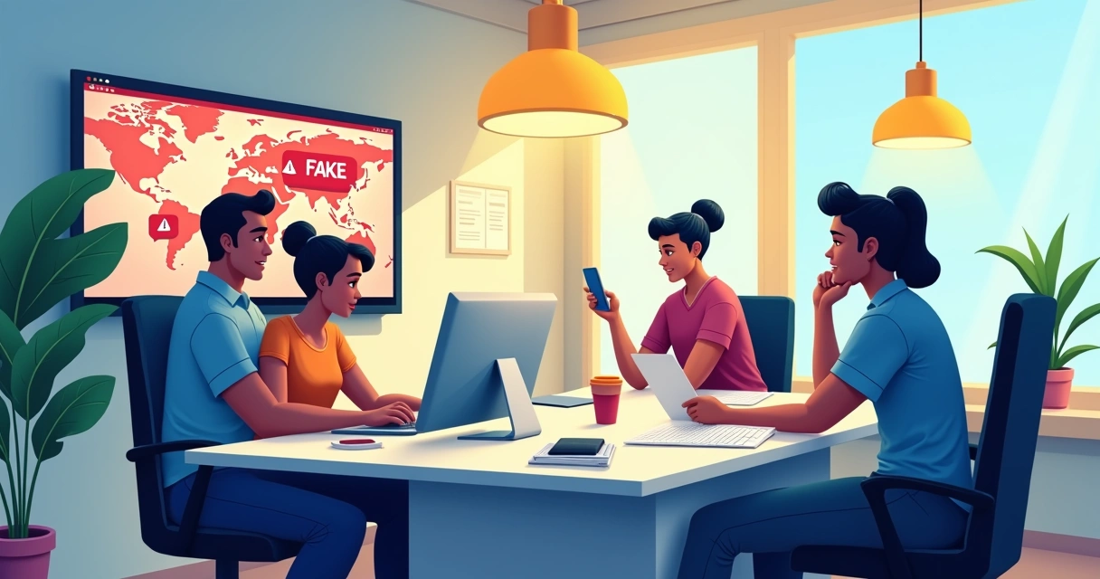 Equipe de campanha eleitoral analisando mensagens suspeitas no computador 