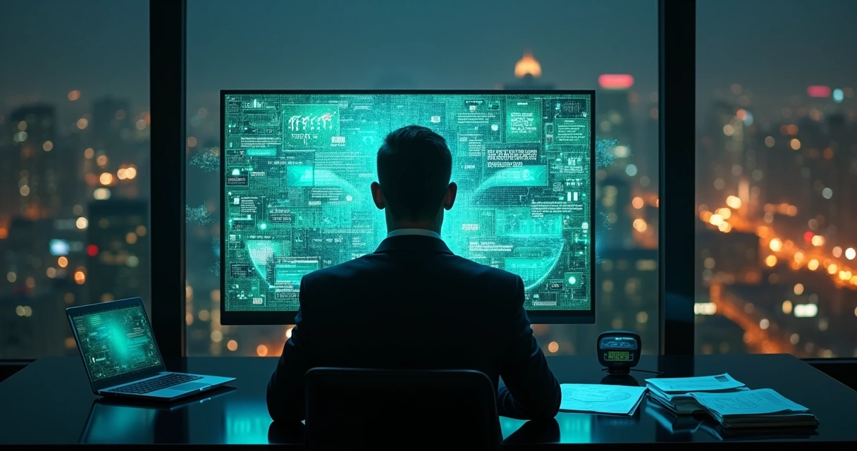 Executivo observando máscara digital refletida em painel de dados cibernéticos 