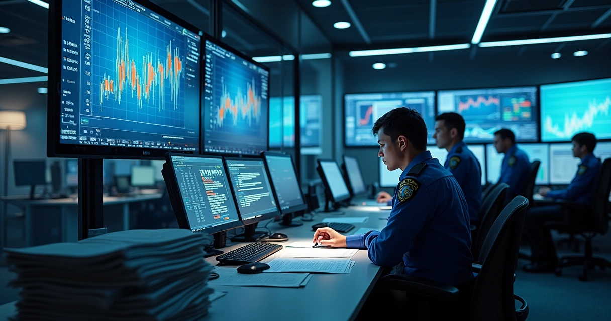 Sala de investigação policial com policiais analisando computadores e documentos sobre fraudes financeiras 