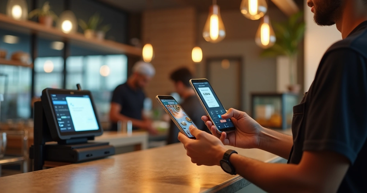 Tela de celular com QR Code Pix sendo paga em balcão de restaurante