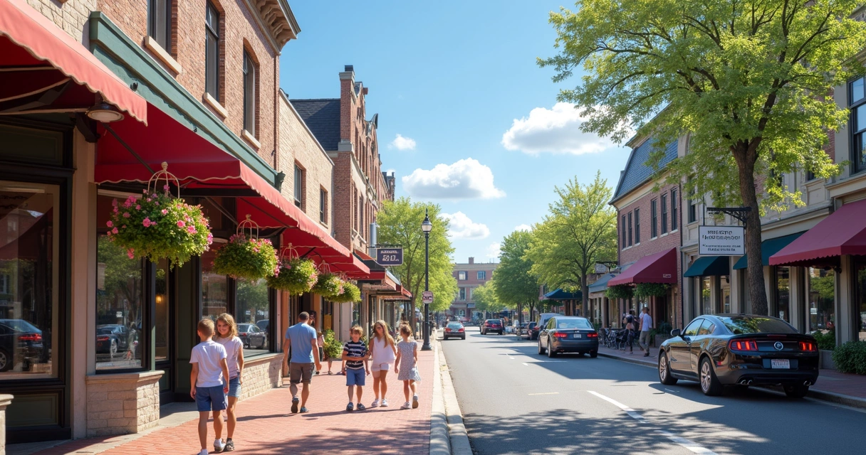 Fredericksburg Main Street with families and German-style storefronts