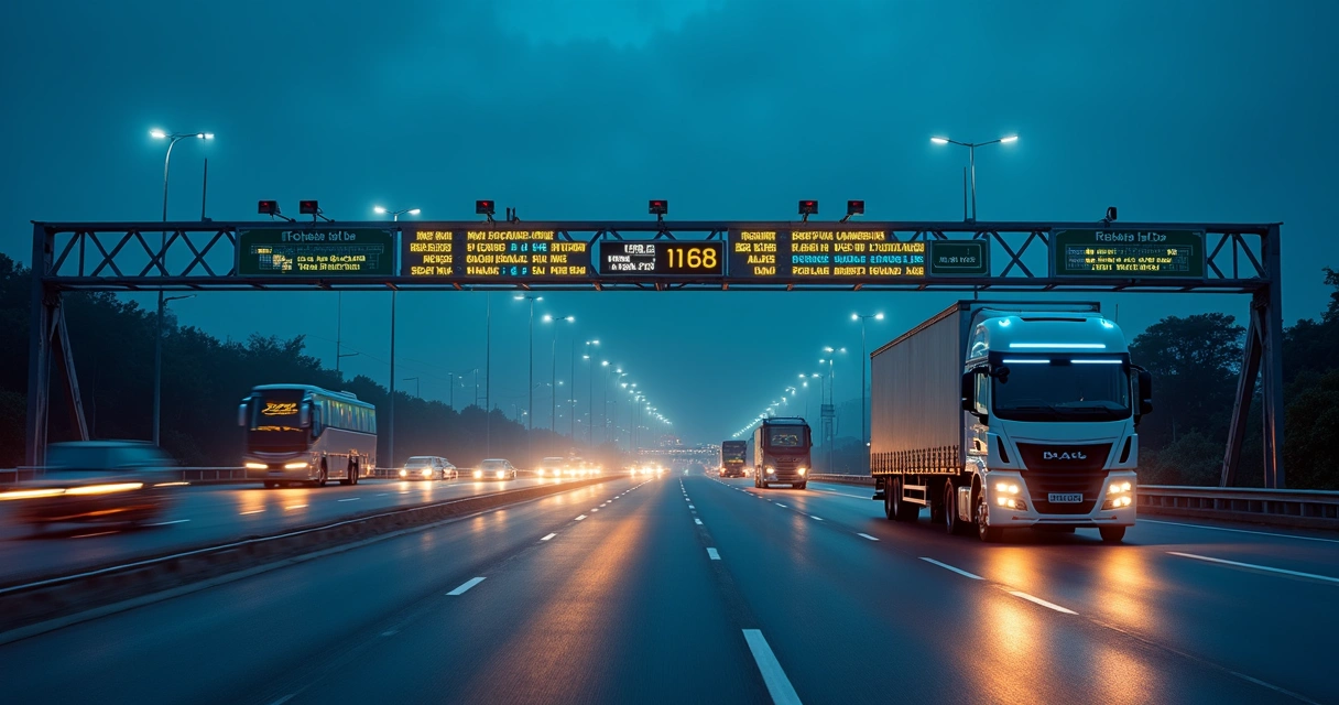 Portais free flow na rodovia com carros e caminhões passando sem cancela à noite 