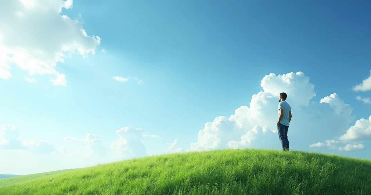 Person standing on a green hill looking up at open blue sky with white clouds, symbolizing freedom of mind