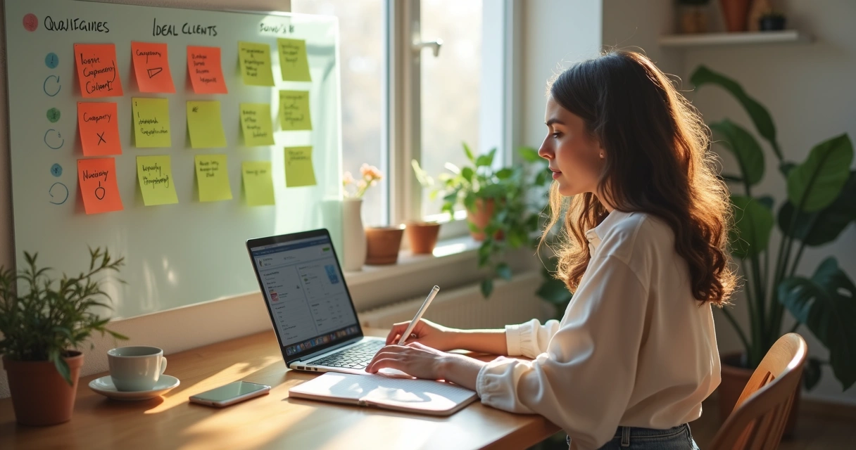 Mulher freelancer escolhendo clientes certos em quadro com empresas destacadas 