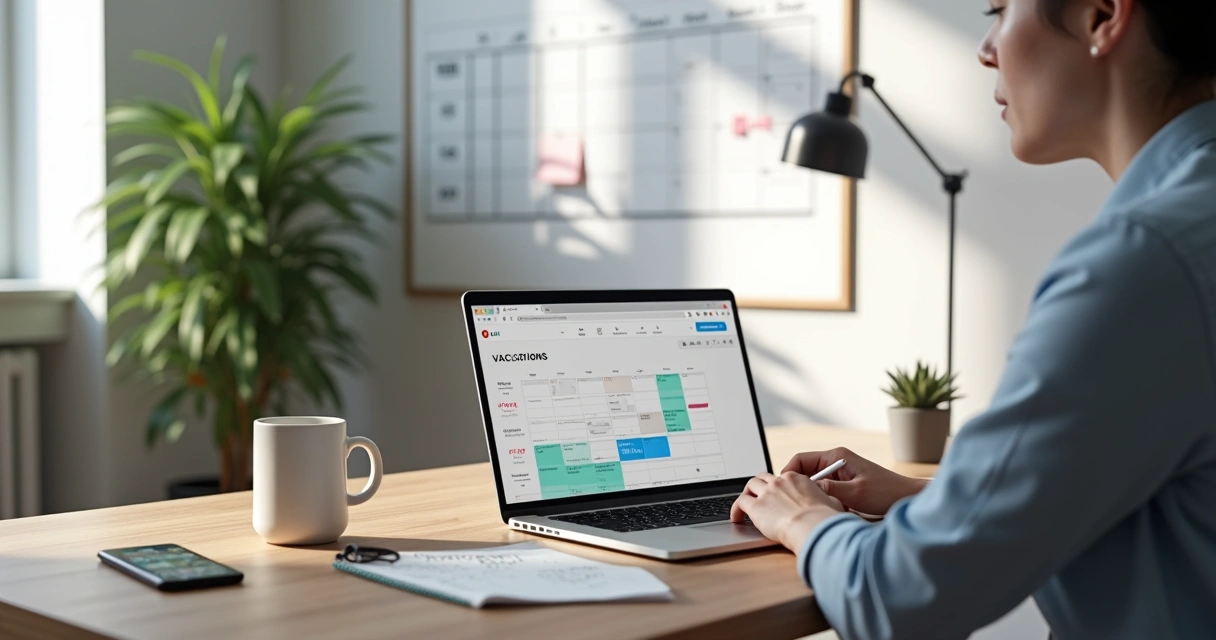 Profissional PJ em home office calculando férias e pausas no notebook 