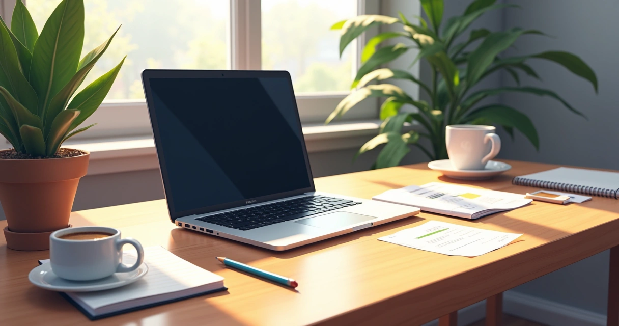 Espacio de trabajo de freelance con ordenador portátil, café y agenda.