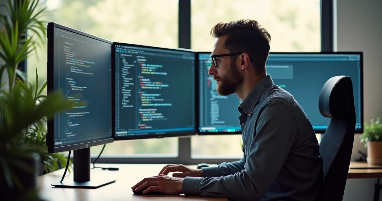 Freelance software developer working at a modern desk with multiple monitors 