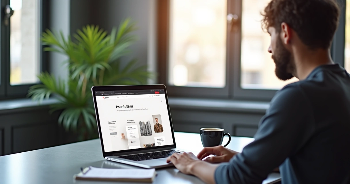 Freelance web developer working on portfolio laptop at desk 