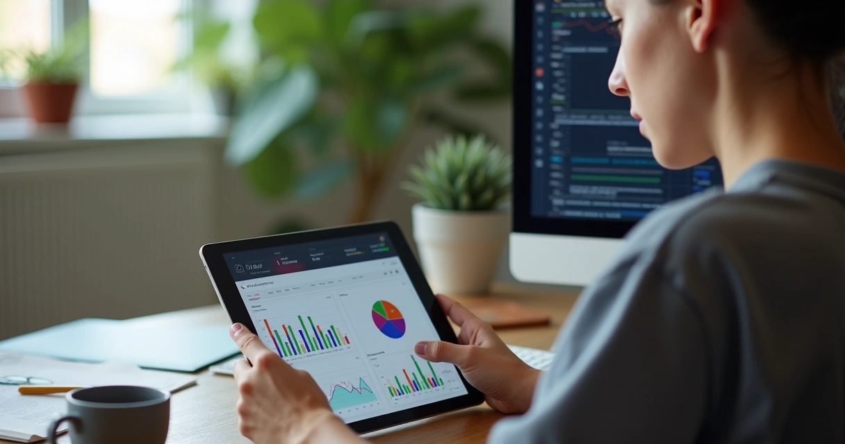 Freelancer usando aplicativo financeiro em home office moderno 