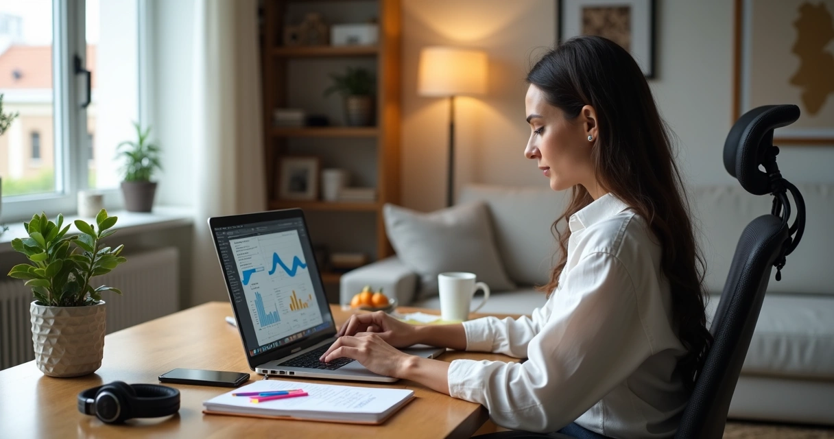 Mulher trabalhando como freelancer em casa com notebook na mesa 
