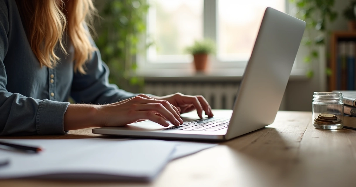 Pessoa trabalhando em casa como freelancer com apontamentos e um cofre de moedas ao lado do notebook 