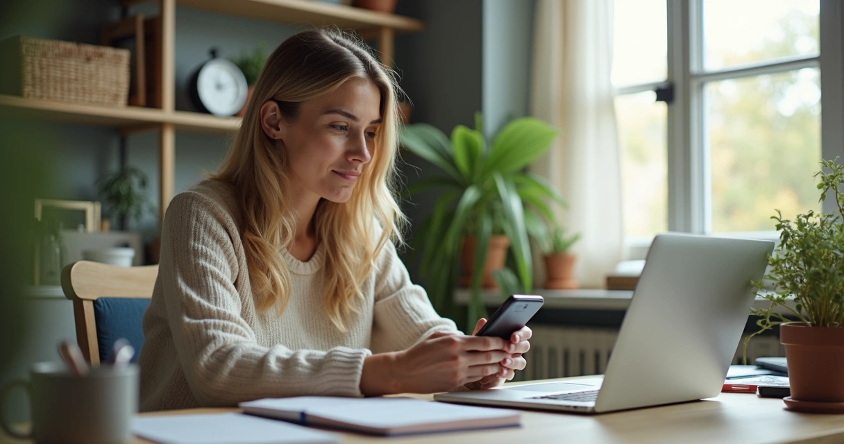 Freelancer olhando dois celulares em mesa de escritório caseiro
