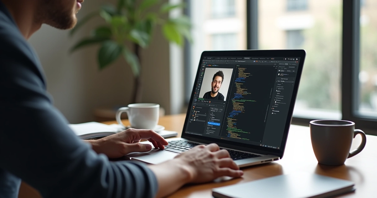 Freelance developer collaborating online with client, sharing code on laptop. 