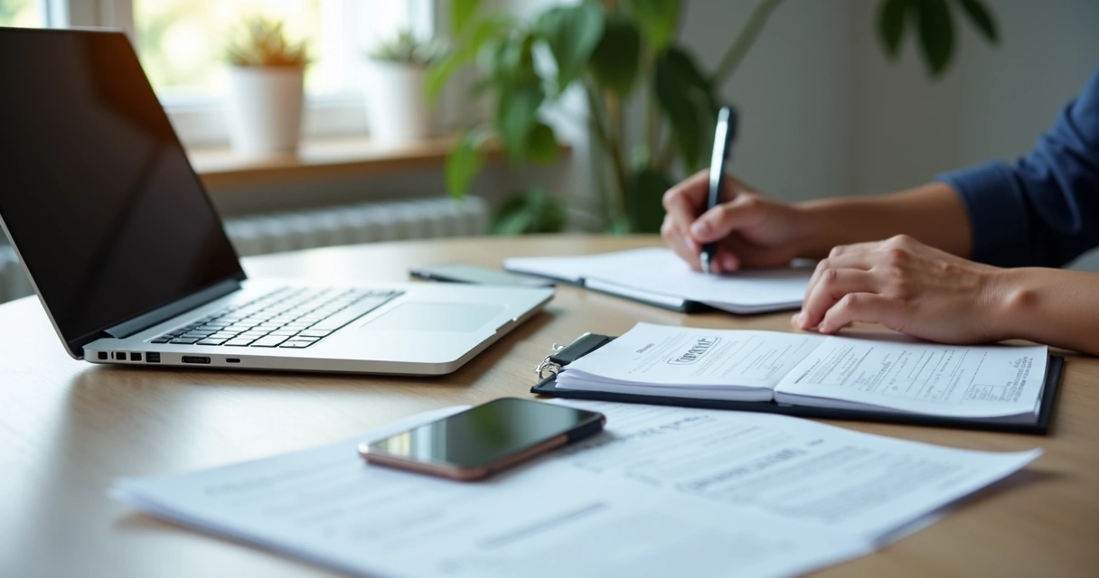 Mesa de trabalho com notebook, contratos e notas fiscais organizadas lado a lado. 