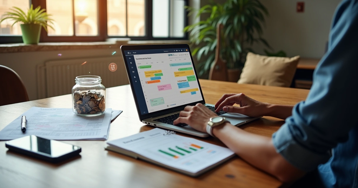 Freelancer brasileiro em mesa de trabalho conciliando contratos e fluxo de caixa variável 