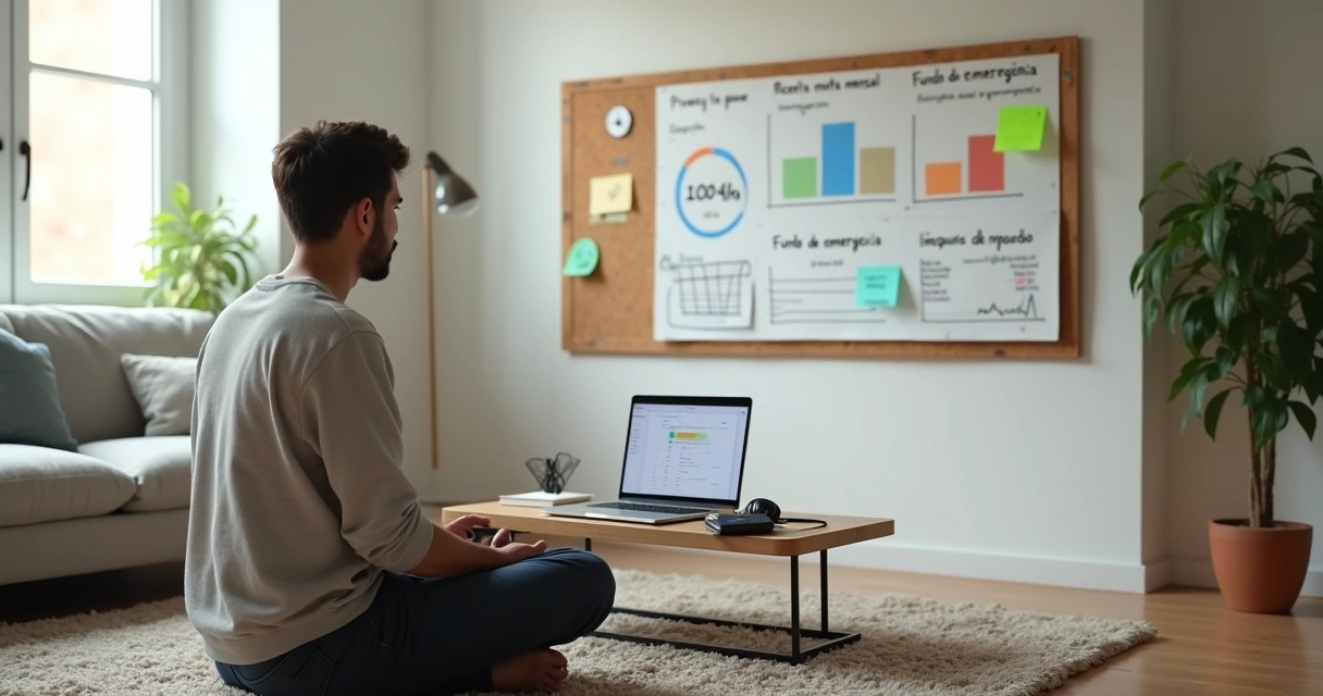 Freelancer organizando finanças com laptop e quadro de metas em ambiente calmo 