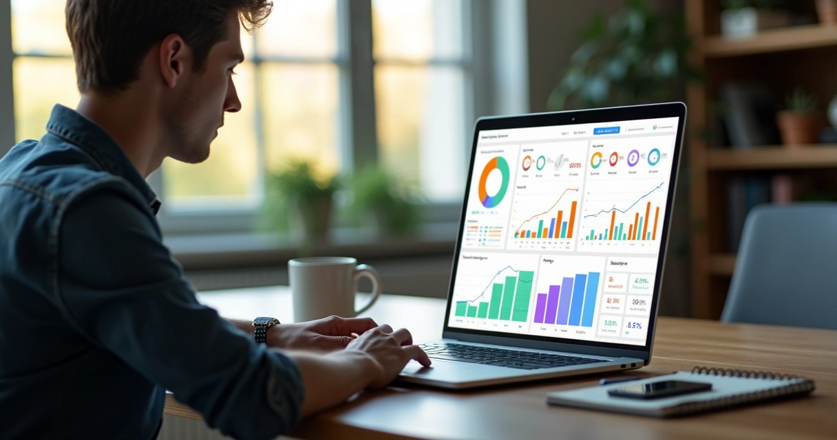 Freelancer observando dashboard analítico colorido em notebook sobre mesa de trabalho moderna 