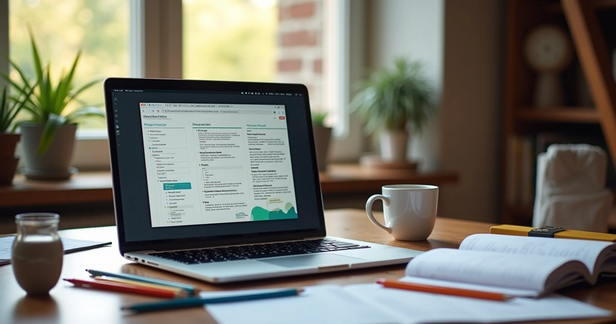 Notebook aberto com projetos de design e textos, café ao lado