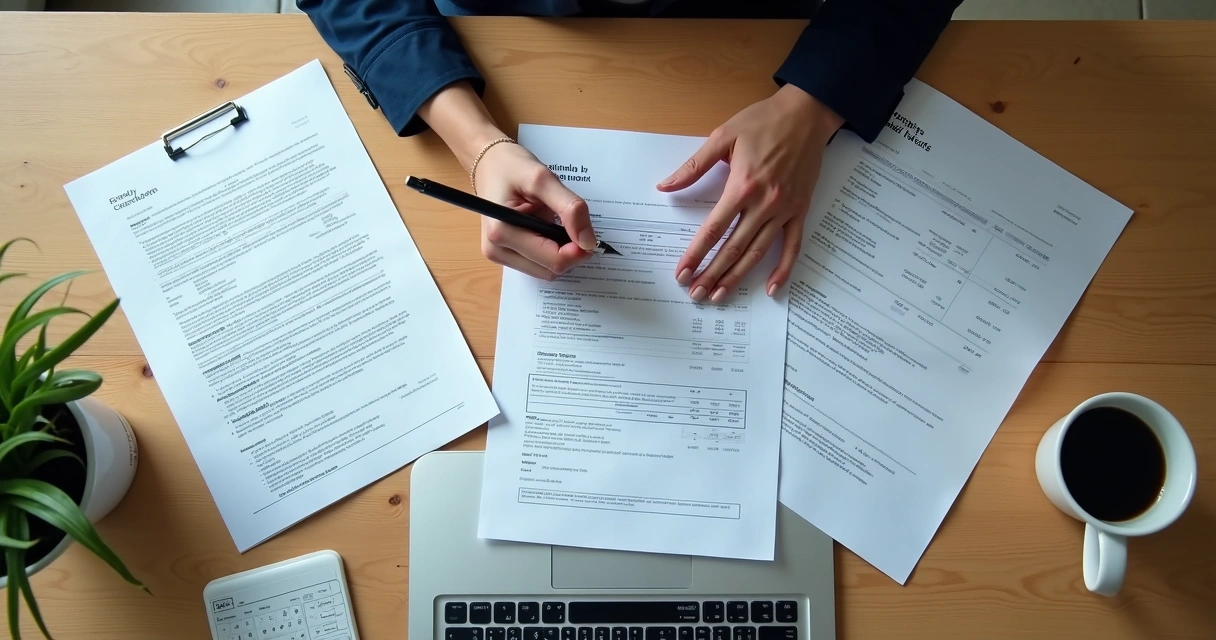 Freelancer organizando documentos e notas fiscais em mesa de trabalho