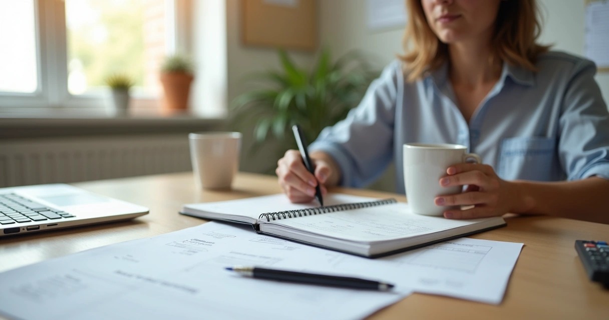 Freelancer sentado à mesa, com notebook, papéis, café e celular 