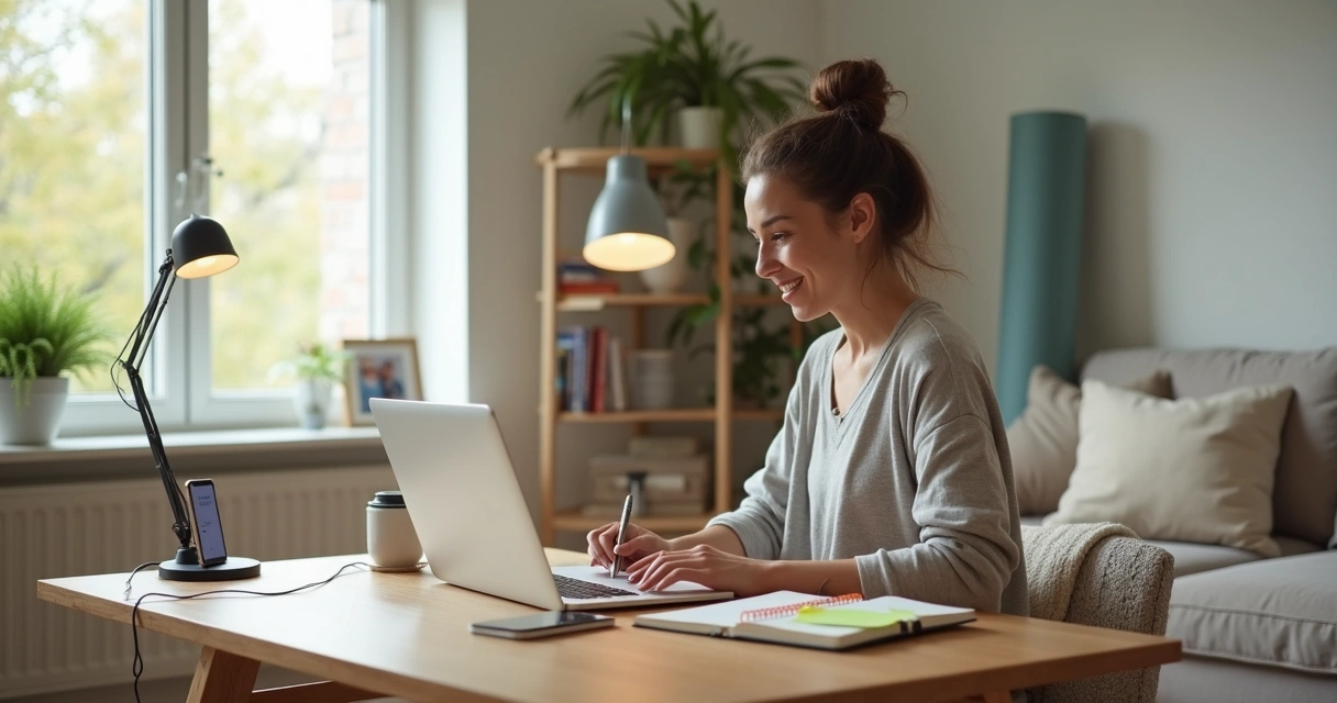 Mulher freelancer em home office equilibrando trabalho e rotina pessoal 