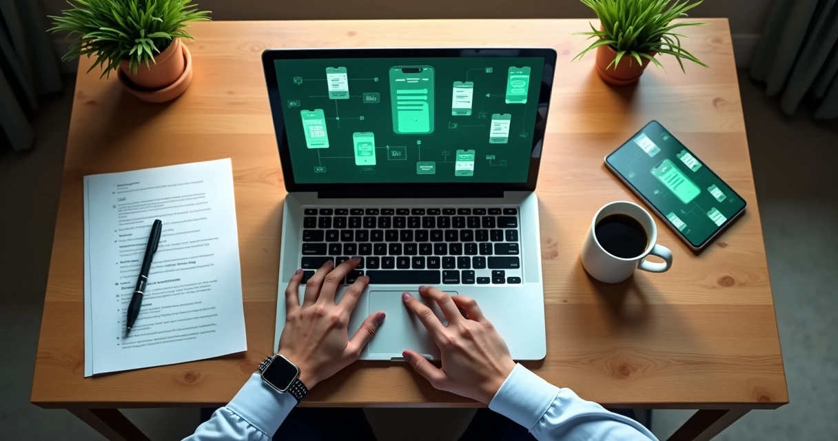 Pessoa olhando para telas de aplicativos de bancos digitais em um laptop sobre uma mesa de trabalho