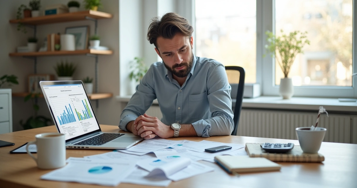 Freelancer preocupado revisando faturas e recibos bagunçados na mesa 