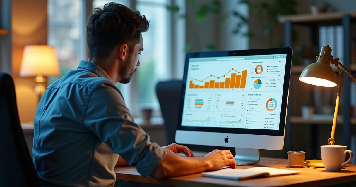 Freelancer no computador organizando cobranças online 