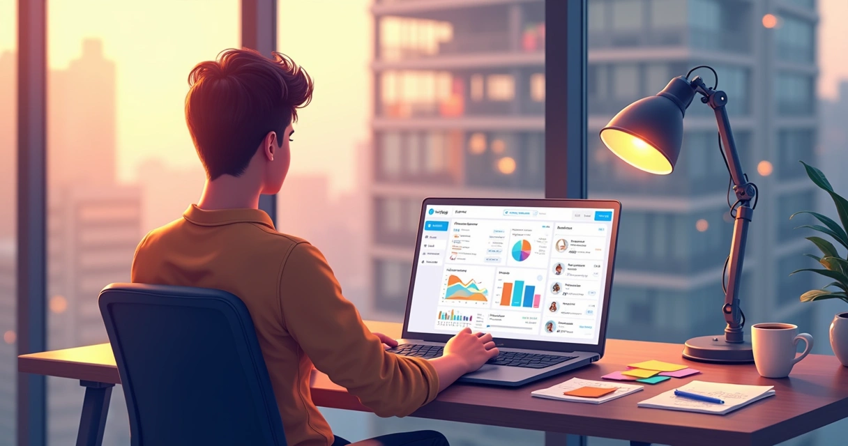 Freelancer usando painel digital para gerenciar projetos digitais