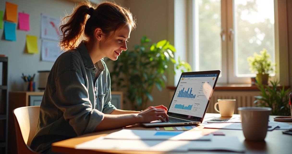 Freelancer usa notebook sentado à mesa, cercado por papéis e gráficos, organizando projetos e finanças.